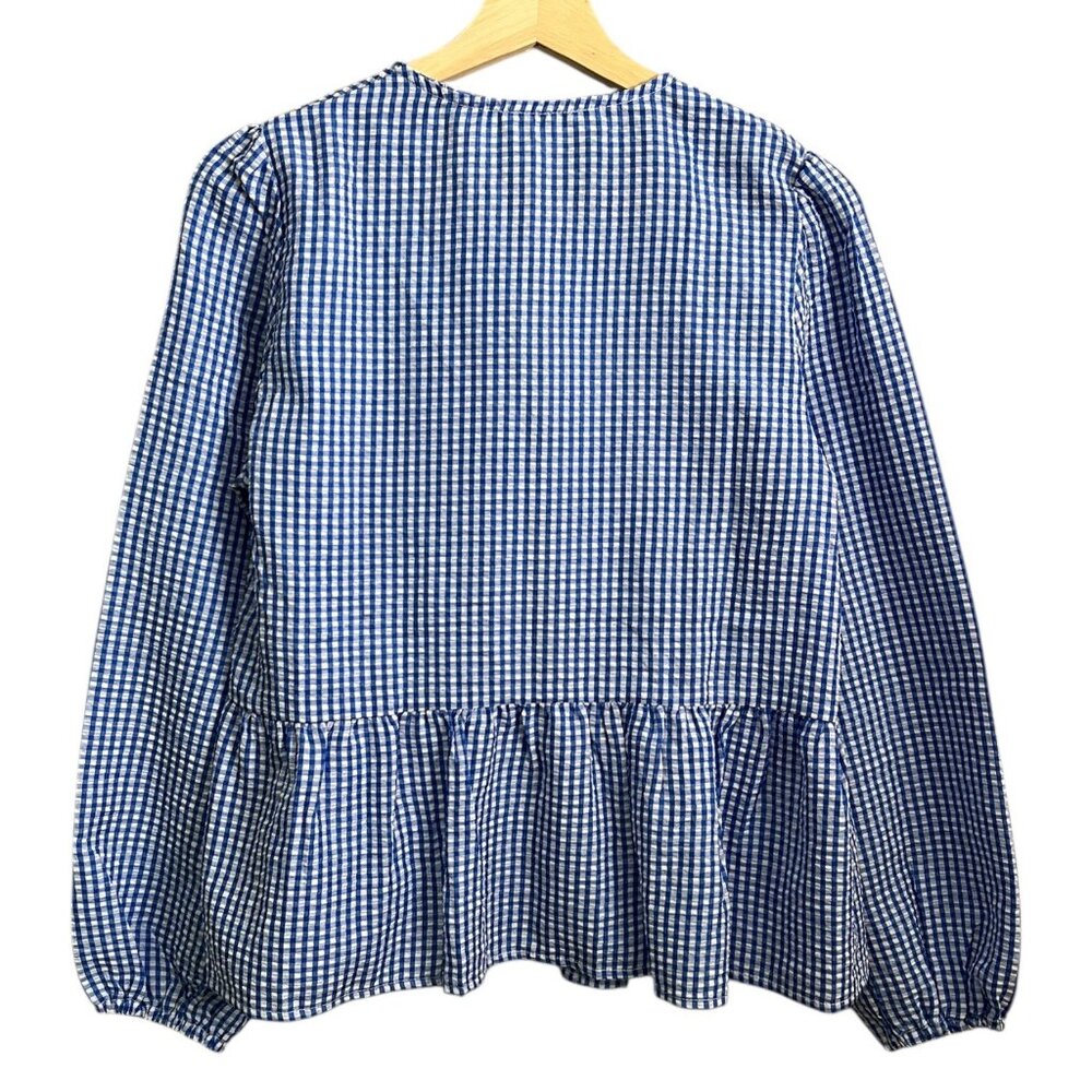 Gingham Tie Front Puff Sleeve Blouse Blue Size Small Cottagecore European Summer - Picture 2 of 10